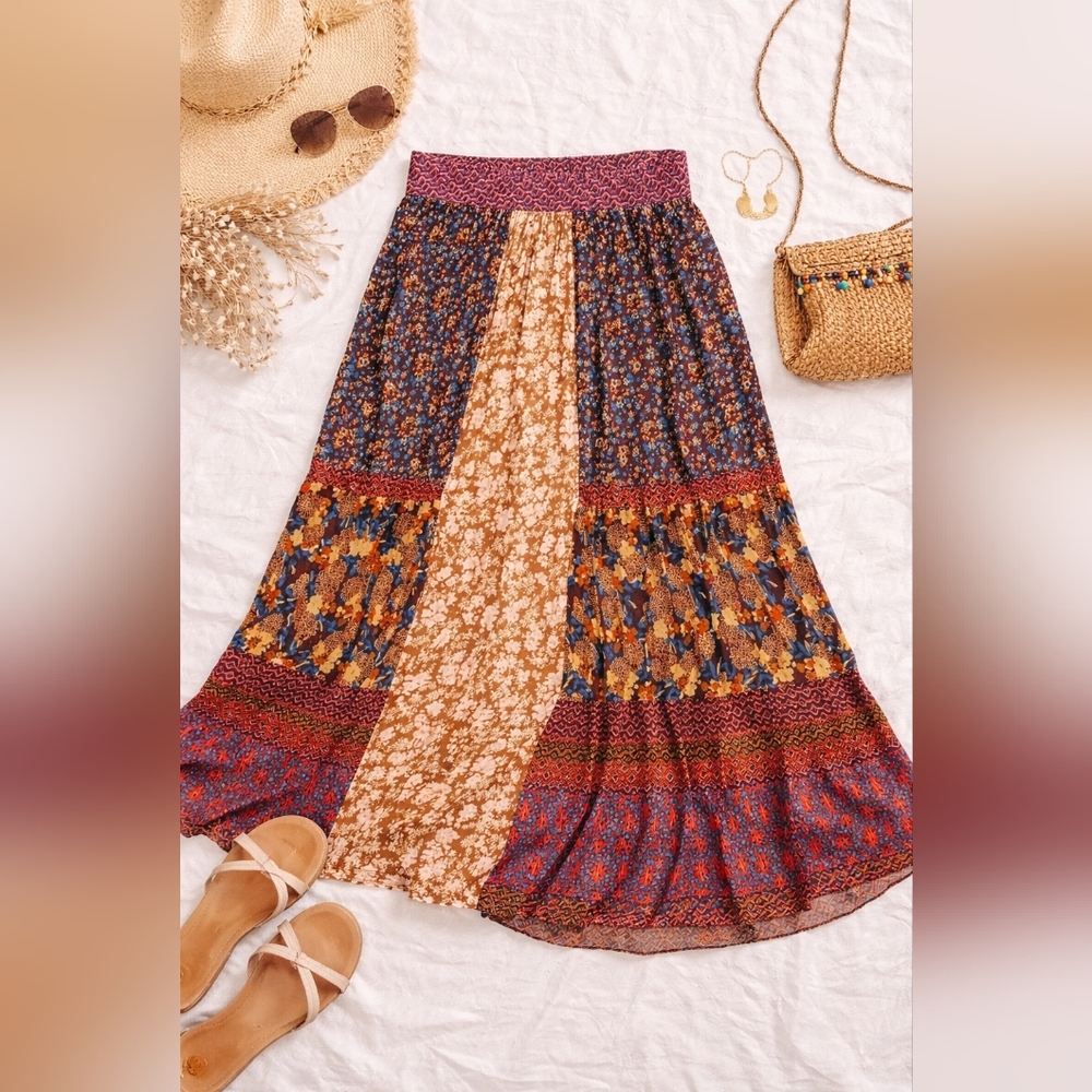 Natural Life Rust Multi Patchwork Boho Maxi Skirt - Picture 2 of 7